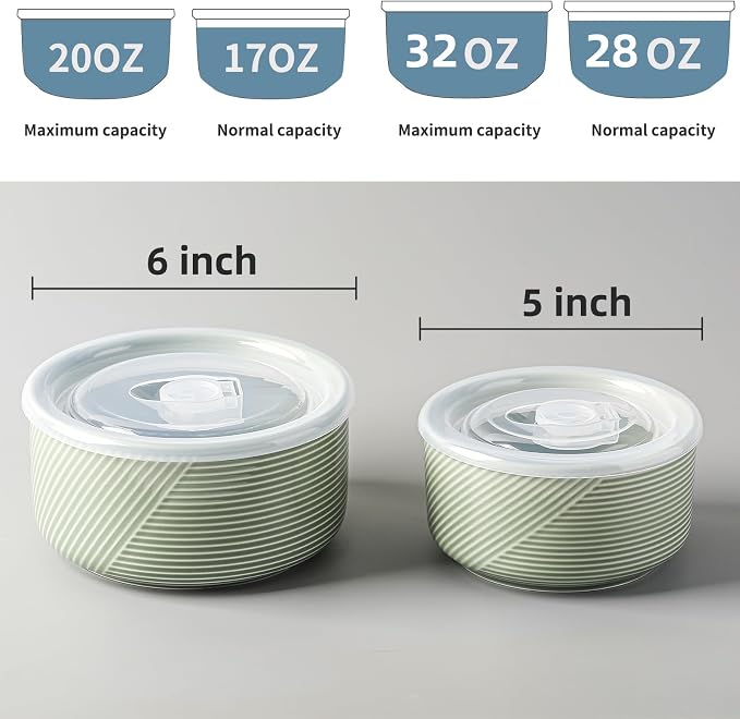 Ceramic Nesting Bowls with Lid, Microwave Safe, Set of 2, Green | Food Storage Containers for Work Lunch Picnic Camping Meal Prep Soup Salad Cereal Leftovers - 5 & 6 Inch, 20 & 32 oz - Image 2