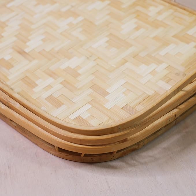 Set of 4 pcs Rectangular Bamboo Wicker Serving Trays with Handles, Handwoven Coffee Trays for Coffee, Breakfast, Bread, Food, Dish and Decorative Trays for Dining Table - Image 2