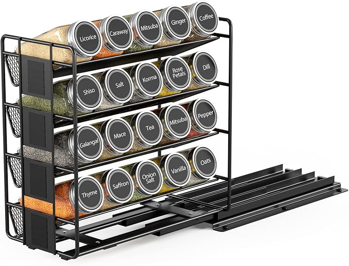 SpaceAid Pull Out Spice Rack Organizer with 20 Jars, Heavy Duty Slide Out Seasoning Organizer for Kitchen Cabinets, with 801 Labels and Chalk Marker, Right Facing - Image 2