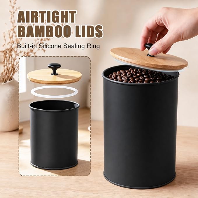 Kitchen Canister Set of 4 Airtight Metal Containers with Bamboo Lids, Black | Flour sugar coffee tea canisters set with bamboo lids, customizable chalkboard labels & marker pen - Image 3