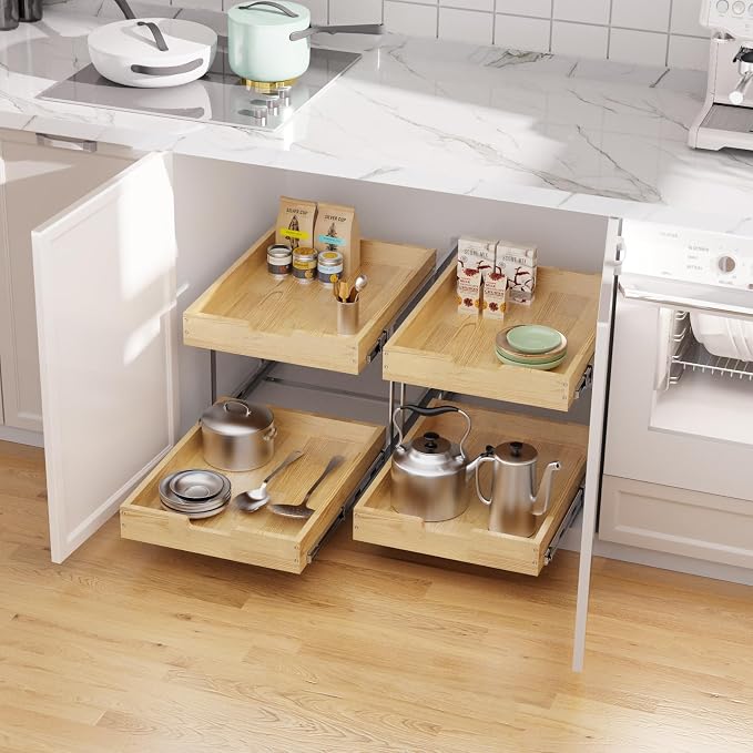 Sikarou Wood Pull Out Cabinet Organizer 2 Tie 14" W x 21" D, Heavy-Duty Sliding Drawers for Inside Cabinets Storage and Organization for Kitchen, Pantry, Bathroom - Image 5