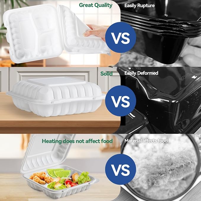 7.8" 30oz 3 Compartment Food Containers - Shrink Wrap Ready to Use | 65 Pack Mineral Filled PP Clamshell | BPA Free Freezer Microwave Safe | Reusable White Lunch Box for Leftovers, Take Out - Image 3