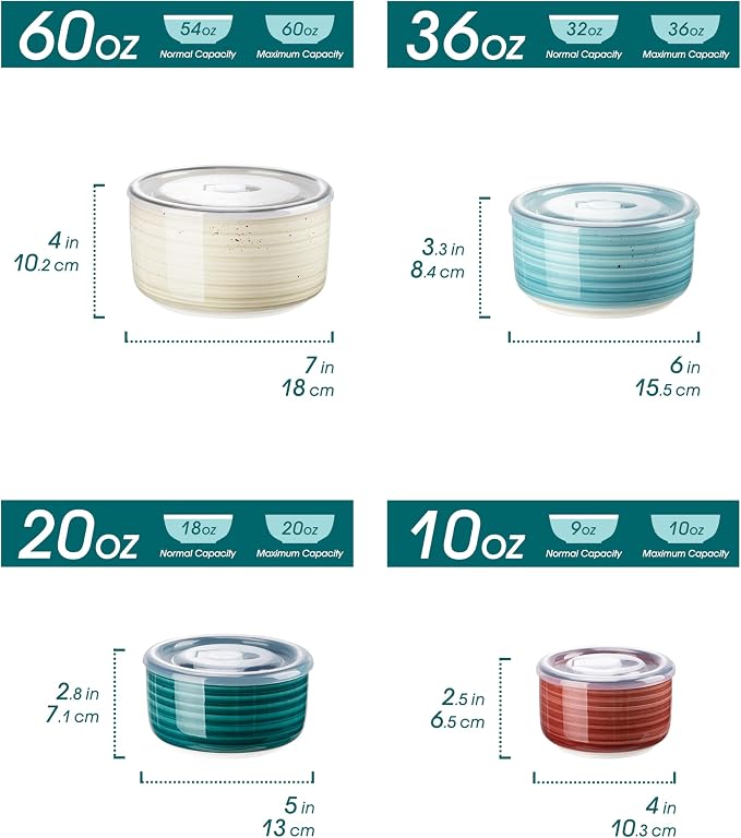vancasso Ceramic Serving Bowls With Lids Set of 4, Airtight Nesting Bowls for Food Storage, Meal Prep, Leftovers, Microwave and Dishwasher Safe, 60/36/20/10 oz - Image 2
