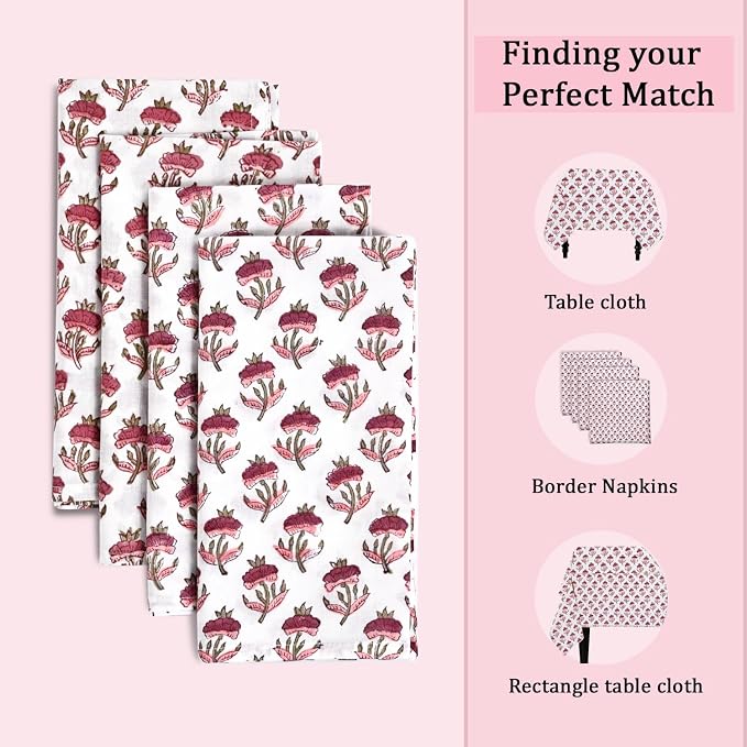 Rosewood Pink Meadow Hand Block Print 100% Cotton Napkins 18" x 18" (Set of 4) Reuseable Kitchen Napkins Cloth Decor Dinner Party Cocktail Gift for Spring, Easter, Summer - Image 4