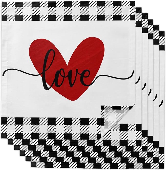 Kitchen Cloth Napkins 6 Pack Reusable Dinner Napkins Love Valentines Red Heart Black White Buffalo Plaid Polyester Soft Smooth Fabric Table Napkin for Wedding Banquet Party Decoration (20x20 Inches) by T%26H+XHome