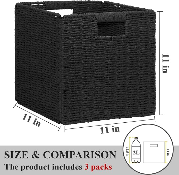 Wicker Storage Baskets for Organizing, 3 Pack Rustic Foldable Square Basket for Shelves, Handwoven Cubby Organizer Bins for Home Decor, Small Cube Storage Bin for Closet Organization (Black 11 inch) - Image 2