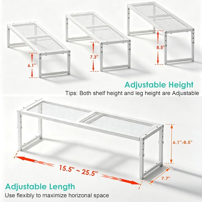 Expandable Cabinet Shelf Organizer, 15.5–25.5 Inch Length, Height Adjustable Metal Wire Storage Shelves for Kitchen, Pantry, Cupboard & Closet, Stackable Storage Rack for Dishes, Plates, Cups & Spices - Image 2