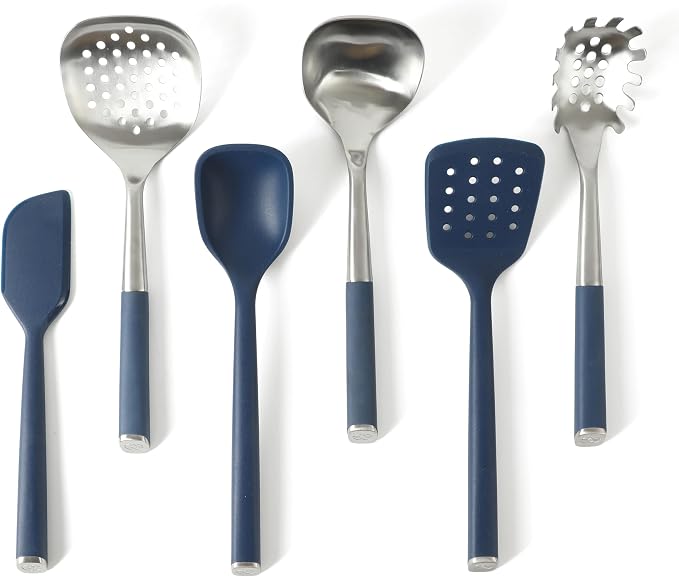 Calphalon Edge 6-Piece Stainless Steel and Silicone Kitchen Tool Set, Kitchen Utensil Set, Scraper, Skimmer, Spoon, Ladle, Turner, Pasta Server, Heat Resistant Nonstick Safe Cooking Utensils (Navy) by Unknown
