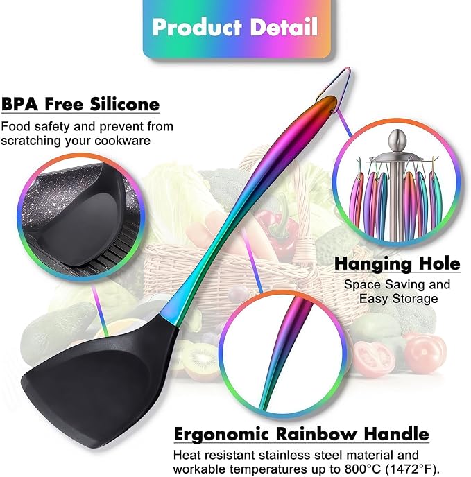 Silicone Cooking Utensils Set, 17pcs Kitchen Utensil Set with Rotatable Holder, Heat-Resistant Silicone Utensils for Cooking, Non-Stick Spatula Set with Stainless Steel Handle,Turner,Ladle (Rainbow) - Image 2
