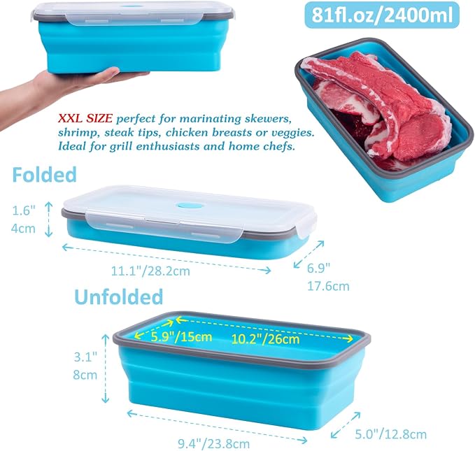 Extra Large Collapsible Food Storage Containers with Lid & Air Vent, 81 oz, 4 Pack, XXL Collapsible Marinade Container BBQ Prep Foldable Silicone Containers, Microwave Freezer Dishwasher Safe - Image 7