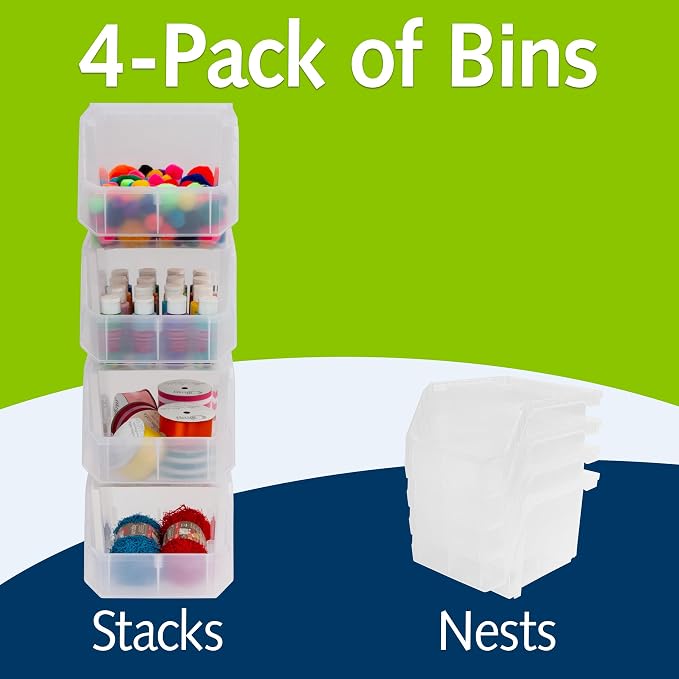 Medium-Tall Stackable Plastic Storage Bins, 4-Pack, Clear | Open-Front Stackable Bins For Garage, Pantry, Closet & Office, 7"L X 11"W X 8"H, Nests When Empty, Durable Plastic, - Image 3