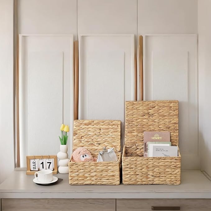 Wicker Storage Baskets with Lids,Multi-size 3 Pack Natural Water Hyacinth Wicker Nesting Baskets,Decorative Storage Ratten Boxes for Organizing,Storage,and Gifts - Image 5