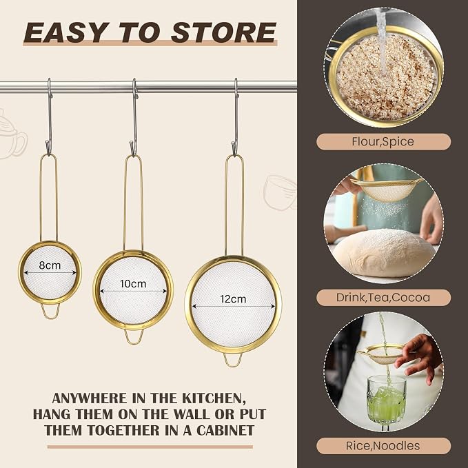 Norme 4 Quart Stainless Steel Gold Colander and 3 Pcs Gold Fine Mesh Strainer, Stainless Steel Pasta Rice Food Metal Strainer with Handles, Easy Clean and Dishwasher Safe - Image 3