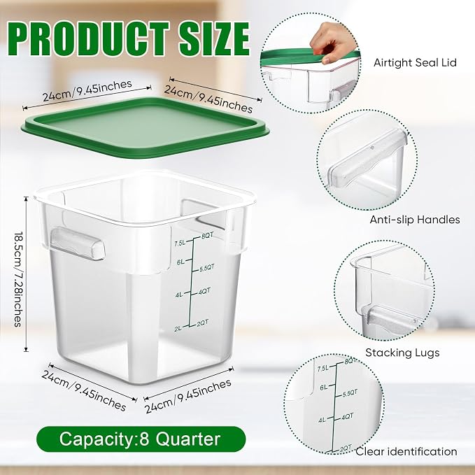 FoldTier 2 Pieces Square Food Storage Containers Polycarbonate Clear Food Container with Lid Commercial Food Storage with Graduations for Commercial Kitchen Dough Marinating Meat(Green, 8 Qt) - Image 2