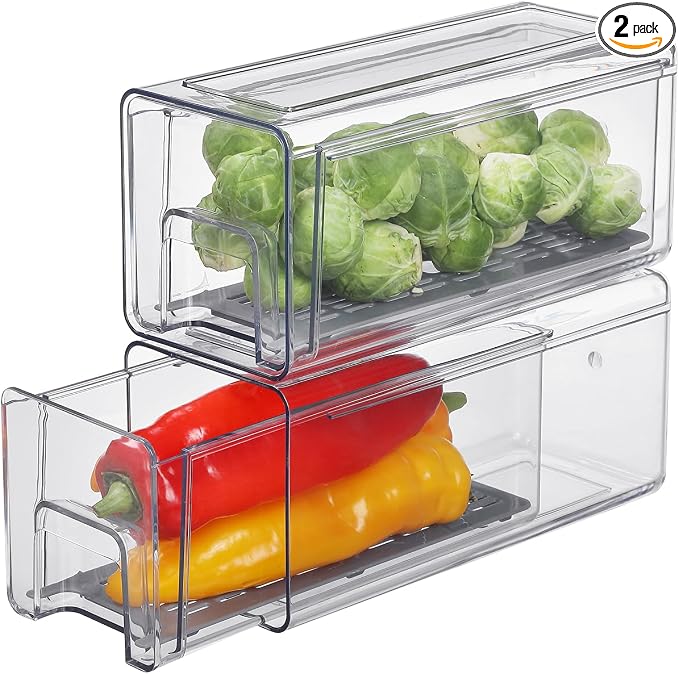 Refrigerator Organizers and Storage Drawers (2PCS, Small) | Produce Water Draining, BPA Free, Stackable, Clear, Fruit and Veggie Organization, Pull Out Bins by Bronkeeper