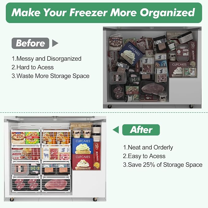 ADRIMER Freezer Organizer Bins, 4 Packs Foldable & Stackable Chest Freezer Organizer Bins with Adjustable Length 11-17.3", Metal Wire Storage Baskets for Upright Freezer, Deep Freezer, Pantry, White - Image 2