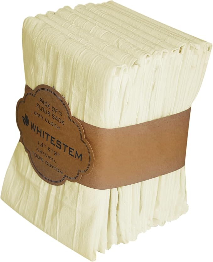 Dish Cloths Cotton| Dish Towels Absorbent and Lint Free Flour Sack| Dishcloths for Kitchen Washing Dishes| Fast Drying Dish Rags| 12 Pack 13 inch x 13 Inch Natural by WHITESTEM