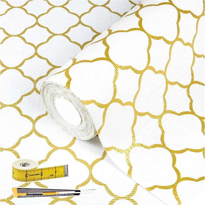 Shelf Drawer Liners for Kitchen Cabinets 12 in X 10 Ft Drawer Liner | Non Adhesive Thickened Refrigerator Liner Gold Quatrefoil Strong Non-Slip Paper for Tool Box with Knife and Tape Measure by Kimhan