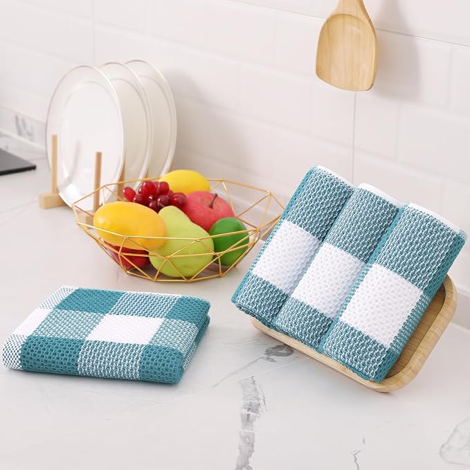 Homaxy Kitchen Towels and Dishcloths Set, Set of 10, White & Lake Blue | Bulk Cotton Waffle Weave Check Plaid Kitchen Towels, Super Soft and Absorbent Dish Cloths, 12 x 12 and 13 x 28 Inches - Image 8