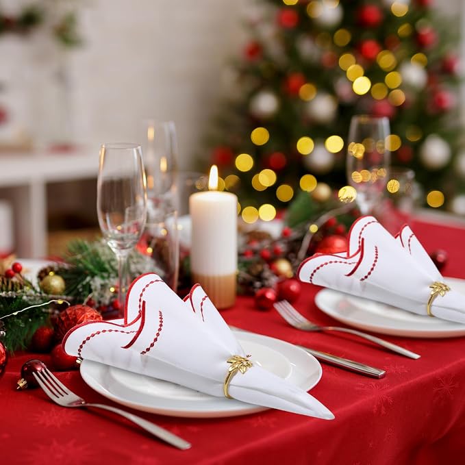 Hahafelt Cloth Napkins 18x18inches Scalloped Embroidery Cloth Napkins Washable Polyester Table Dinner for Hotel Restaurant Weddings Events Parties(Red,6 Set) - Image 5