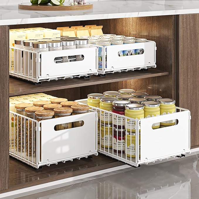 YunNasi Pull Out Cabinet Organizer, White, 2Piece 9.8" W X15 D X7.5 H | Slide Out Drawer Storage Shelves, Cupboard Organiser, Sliding Cabinet Basket for Kitchen, No Drilling and Nailing - Image 5