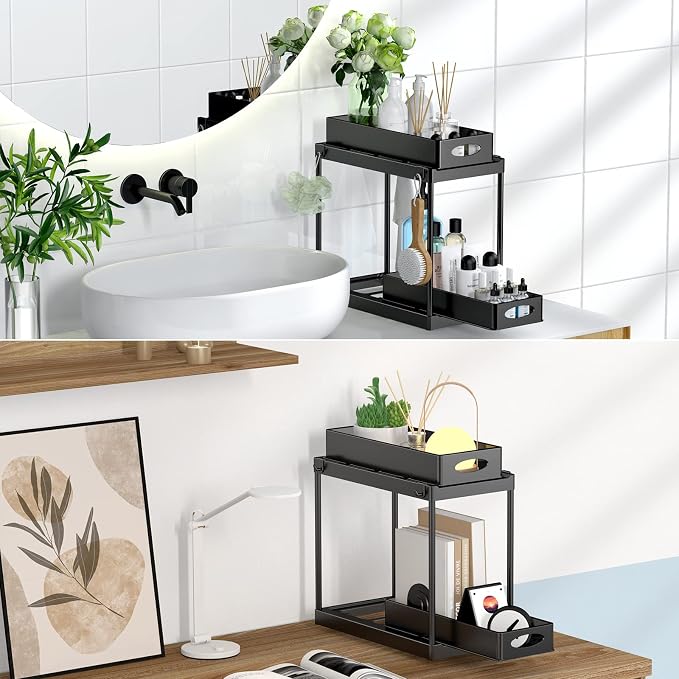 Under Sink Organizer and Storage, 2 Tier Under Sink Organizer with Sliding Pull Out Drawer for Kitchen Bathroom Cabinet Shelf Basket with 8 Hooks (2 Pack) - Image 4