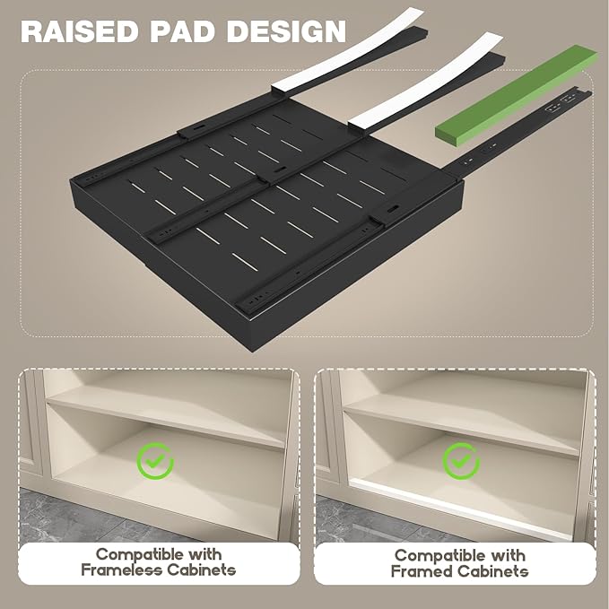 Seinloes 2 Pack Pull Out Cabinet Organizer 22" Deep,Full Extension 3 Slide Rails Slide Out Drawers With Raising Pad for Framed Cabinets,Expandable Width (12.3"-20.5"),No Drill Roll Out shelf,Black - Image 3