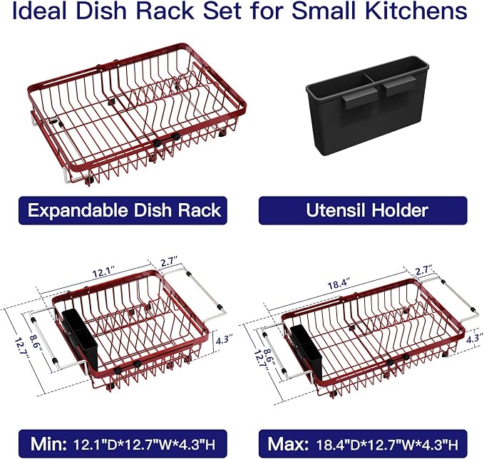 Red Dish Drying Rack Over The Sink with Utensil Holder | Expandable Stainless Steel Dish Drainer for Small Kitchen, Apartment, RV, Counter Space Saving, Perfect Fit, Rustproof - Image 9