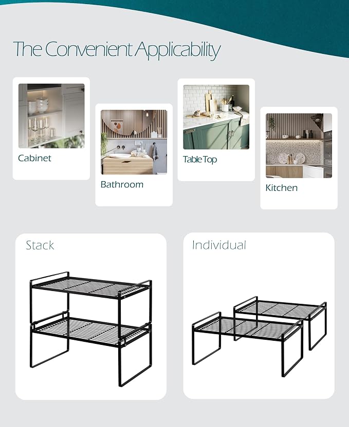Shantton Cabinet Shelf Organizer, Pantry Shelf Rack, Black 16.1x10.6x7.3 | 2-Pack Stackable Metal Riser Holds 40LBS with Non-Slip Feet for Kitchen Pantry Bathroom Countertop Freezer Cupboard - Image 4