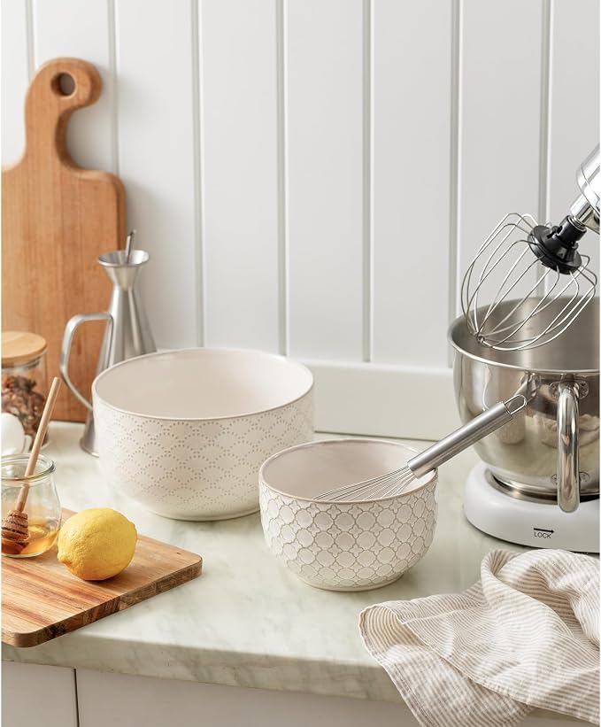 Mikiegy Ceramic Mixing Bowls Set of 2, Nesting Ceramic Embossment Stoneware Mixing Bowls for Cooking, Serving, Popcorn, Salad etc, Microwave & Dishwasher Safe, 44/98 oz, Off-White - Image 3