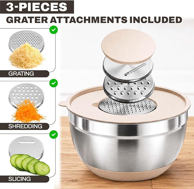 Four Flowers Heavy-Duty Mixing Bowls Set with airtight lids – 11 PCS Stainless Steel Nesting Kitchen Bowls, Mixing Bowls with Non-Slip Bottoms and Grater Attachment, Best for Mixing and Serving - Image 3