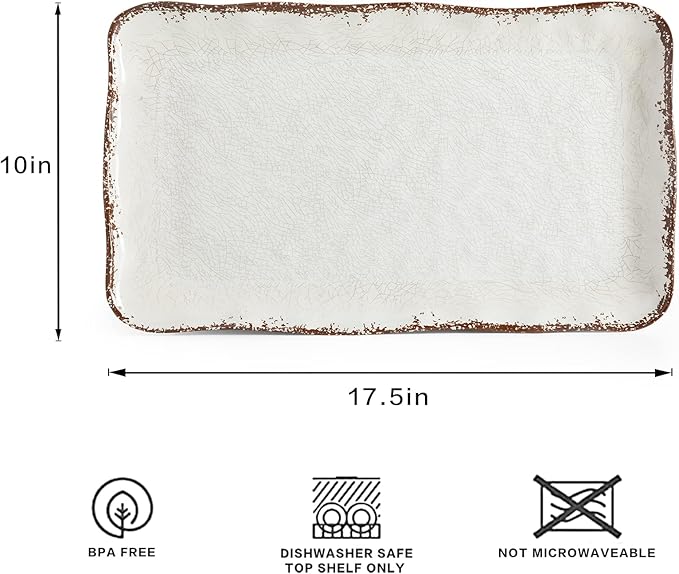 LEHAHA Farmhouse Large Serving Platters, 2 Piece Melamine Dinnerware Set, 17.5 x 10 Inches Vintage Serving Tray, Rectangle White Rustic Trays Set of 2 - Image 6