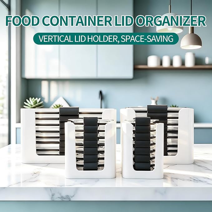 Food Storage Container Lids Organizer for Rubbermaid Brilliance Nap-On Lids | Stackable Food Storage Container Lid Organizer -- Fits 0.5, 1.3, 3.2, 4.7 & 9.6 Cups -- Holds 32 Lids (White,4-Piece Bundle) - Image 2