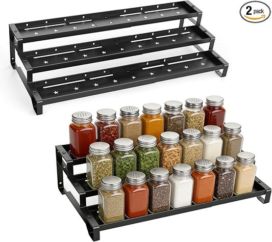 Expandable Spice Rack Organizer for Cabinet 3 Tier Spicy Shelf Black 2Pack | Adjustable Length 13"-21", Easy to See Labels, Sturdy Metal, Slip-Resistant Guardrails for Jars, Cabinet & Countertop Storage by SANKEUHomeStorage