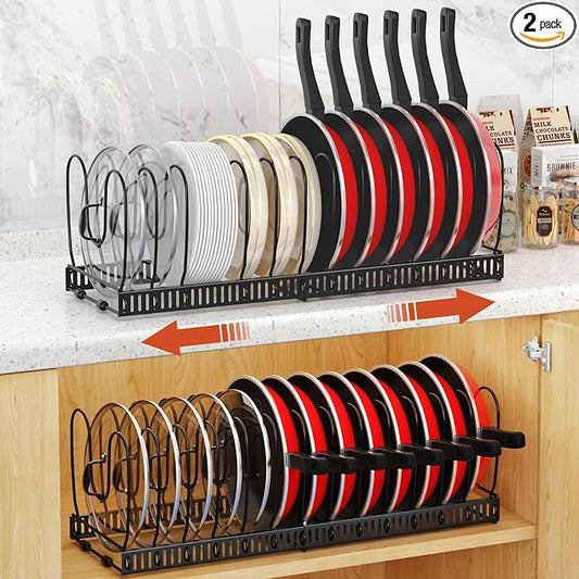 Housolution 2 Pack Pot and Pan Lid Organizer Holder Storage Rack, Black | 12"-23" Expandable, 14 Adjustable Dividers, Sturdy Metal Construction, Easy Assembly by Housolution
