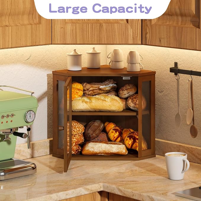 Corner Bread box for Kitchen Countertop,Farmhouse Bread Box with Acrylic Wavy Door Panel,Large Bread box for kitchen countertop,Kitchen Countertop Food Storage Container (Brown, Meduim) - Image 5