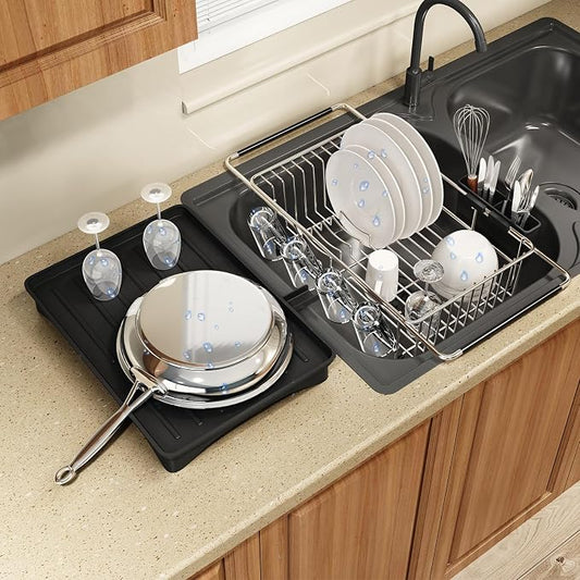 Dish Drying Rack Over The Sink with Utensil Holder, Drainboard | Expandable Stainless Steel Dish Drainer for Small Kitchen, Apartment, RV, Counter Space Saving, Perfect Fit, Rustproof by MAJALiS
