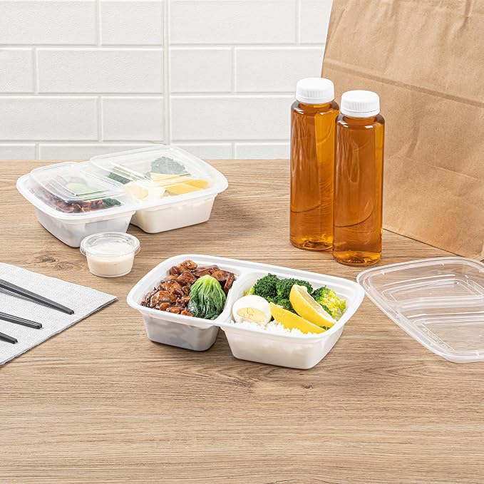 Asporto 32 Ounce Compartment Take Out Boxes, 50 Microwavable Meal Prep Containers - 2 Compartments, With Clear Plastic Lids, White Plastic Food Containers, Do Not Contain BPA - Restaurantware - Image 6