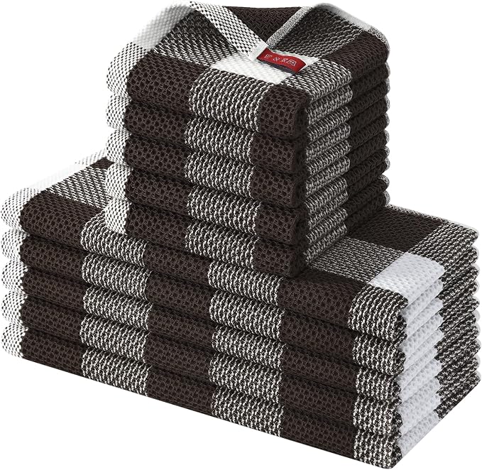 Homaxy Kitchen Towels and Dishcloths Set, Set of 10, White & Dark Brown | Bulk Cotton Waffle Weave Check Plaid Kitchen Towels, Super Soft and Absorbent Dish Cloths, 12 x 12 and 13 x 28 Inches by Homaxy