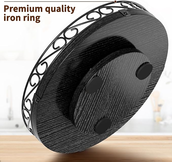 9" Lazy Susan Turntable Organizer for Table Top, Wood Lazy Susan Cabinet | Farmhouse Rotating Decor Tray for Dining Table, Pantry, Kitchen Countertop, Spice, Bathroom Vanity, Round Patterned Rim,Brown - Image 5
