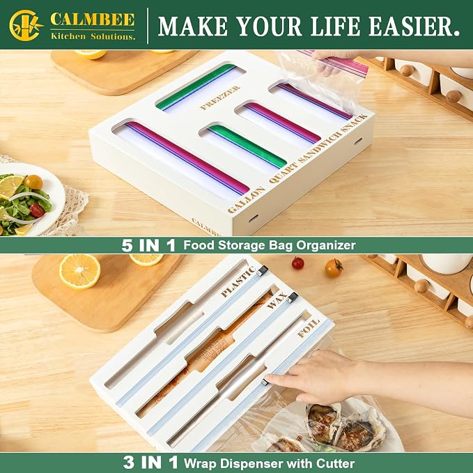 Calmbee 9 in 1 Bamboo Storage Bag Organizer for Kitchen Drawer – Plastic Wrap Dispenser with Cutter & Foil Organizer, Wooden Baggie Organizer for Sandwich, Snack, Gallon, Quart Sizes, White - Image 5