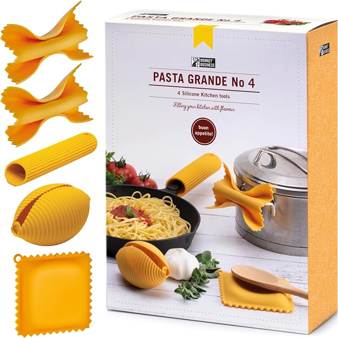 Monkey Business Silicone Kitchen Tools in Gift Box/ 4 Big Pasta shaped kitchen gadgets/Farfalloni Pot Grips, Ravioli Spoon Rest, Conchiglie Lemon Squeezer and Penne Pan Grip/Pasta Grande No. 4 by MonkeyBusinessDesign