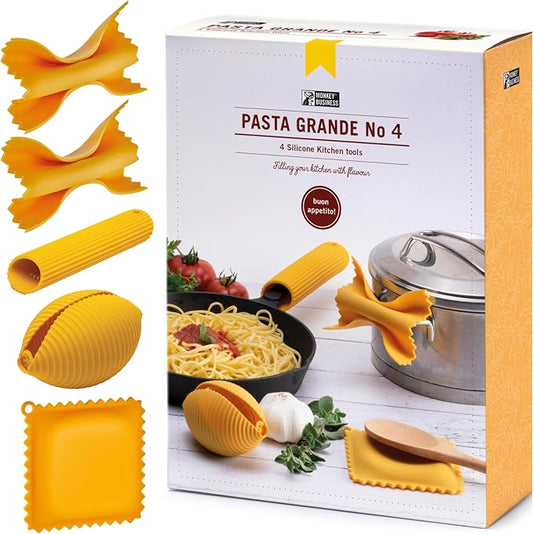 Monkey Business Silicone Kitchen Tools in Gift Box/ 4 Big Pasta shaped kitchen gadgets/Farfalloni Pot Grips, Ravioli Spoon Rest, Conchiglie Lemon Squeezer and Penne Pan Grip/Pasta Grande No. 4 by MonkeyBusinessDesign