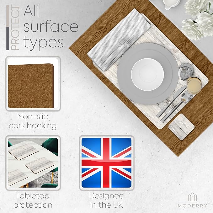 Set of 4 Heat Resistant Cork Placemats for Dining Table with Free Set of 4 Matching Drink Coasters Cork Wood Design Print 16 x 12 Inches Cork Backed Hard Placemats (White Driftwood) - Image 5