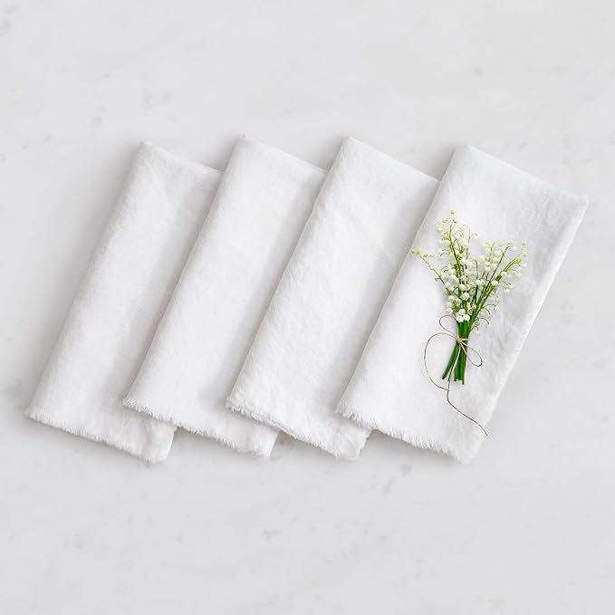 Linen World Fringe Linen Dinner Napkins 18x18 Inch,Soft and Breathable 100% French Flax Cloth Napkins,Stone Washed Set of 4(White Fringe) by LLinenWorld