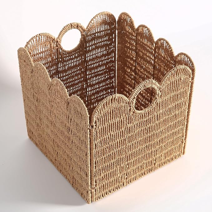 Scalloped Wicker Storage Cubes Basket, 12”x12“ Heavy Duty Paper rope/Hyacinth/Seagrass Baskets for Shelves, Foldable Natural Boho Square Bins (Paper Rope&10.5 x 10.5 x 10.5in&4-Pack) - Image 2