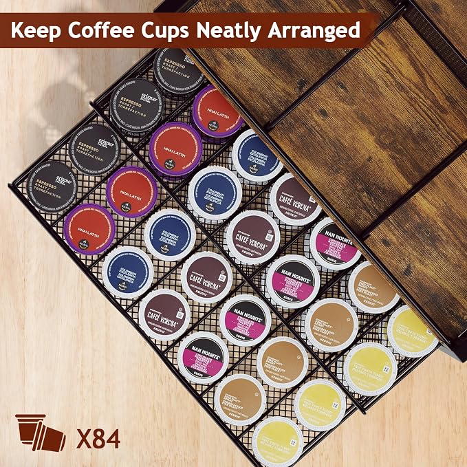 Coffee Bar Organizer - Coffee Station for Countertop, Metal and Wood K Cup holder Storage Basket for Coffee Pods, Syrup, Cups, Stirrer, Coffee Condiment, Tea Organizer, Black and Brown - Image 2