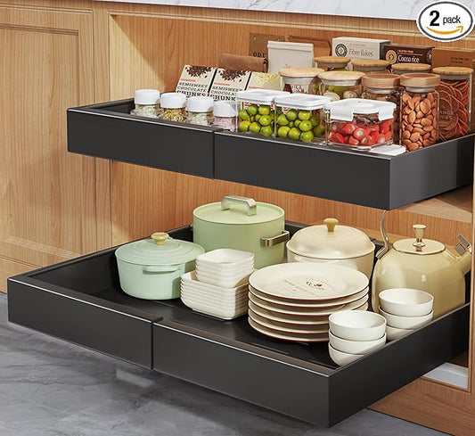 Seinloes 2 Pack Pull Out Cabinet Organizers 21"Deep with Raising Pad for Framed Cabinets,Expandable Slide Out Drawers Upgrade 3 Slide Rails,Roll Out Shelves Adhesive,Adjustable Width 12"-20.45" Black by Seinloes