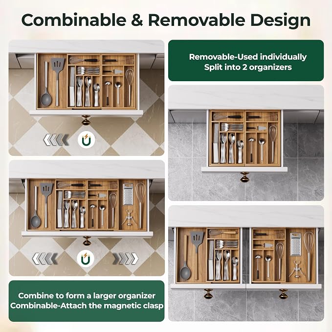 Large Silverware Organizer, 13 Slots Magnetic Connected Expandable Acacia Wood Utensil Drawer Organizer From 21 to 37.4 Inches, Adjustable Flatware and Cutlery Holder, Utensil Tray for Kitchen Natural - Image 4