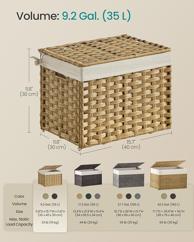 SONGMICS Storage Basket with Lid, Woven Blanket Storage Bin with Handles, Foldable, Removable Liner, Metal Frame, for Bedroom, Laundry Room, 9.2 Gallons (35 L), Natural URST040YE01 - Image 7